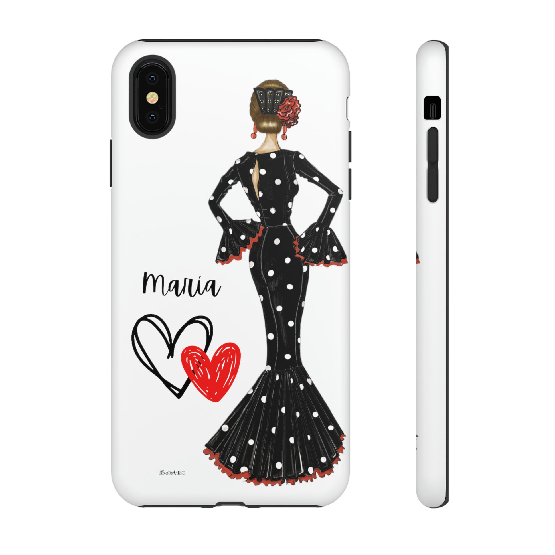 a phone case with a drawing of a woman in a dress