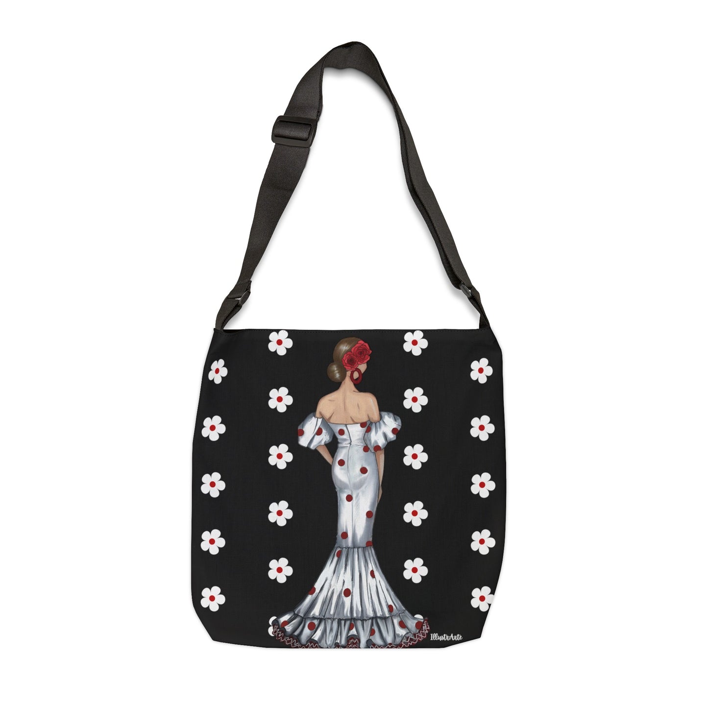 Flamenco Dancer Tote Bag with adjustable straps, flamenco dancer Maite with red/orange background and flowers