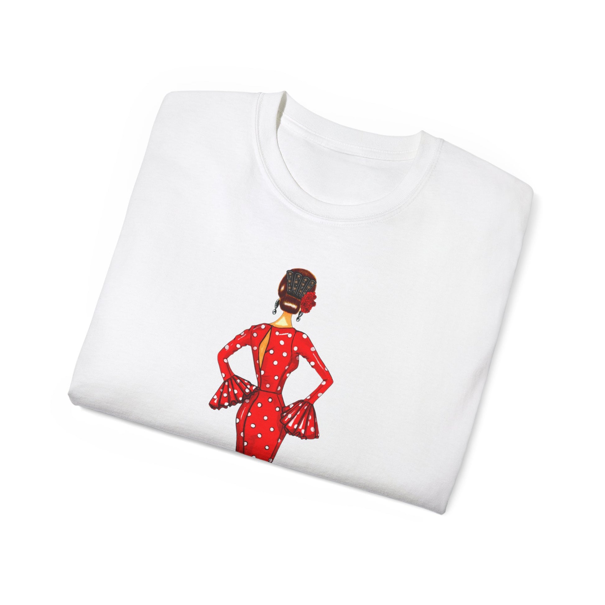 a white t - shirt with a picture of a woman in a red dress