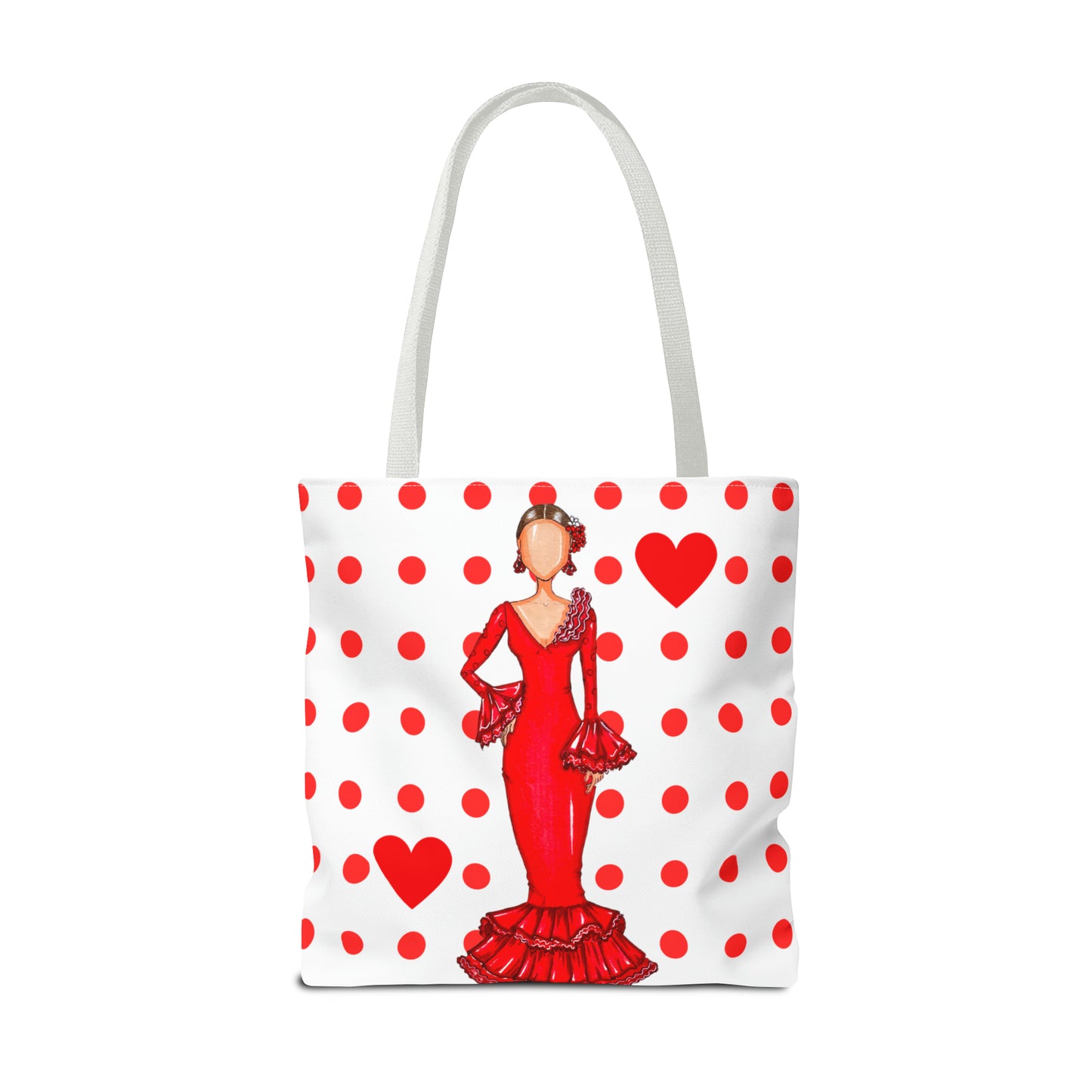 a woman in a red dress with hearts on a white tote bag