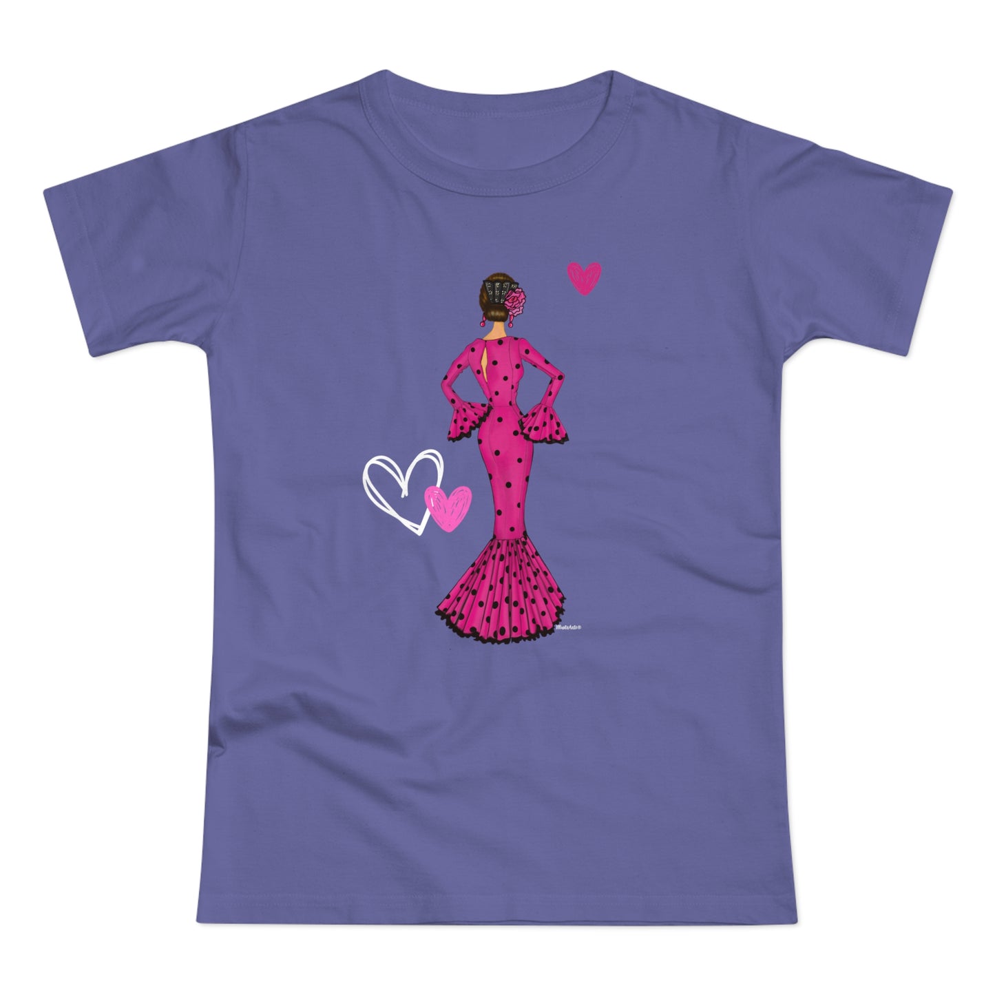 a purple t - shirt with a woman in a pink dress holding a heart