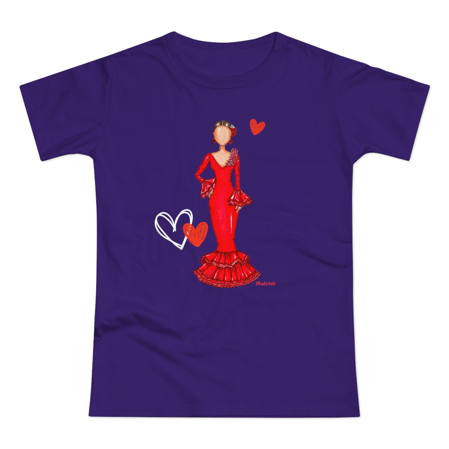 a purple t - shirt with a picture of a woman in a red dress
