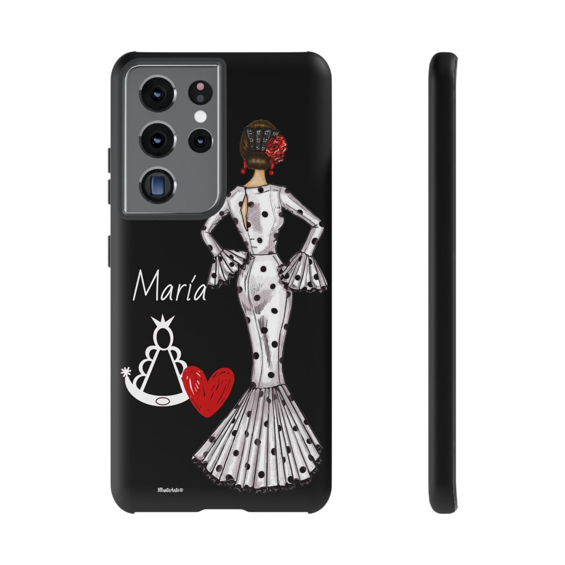 a phone case with a woman in a dress and a heart