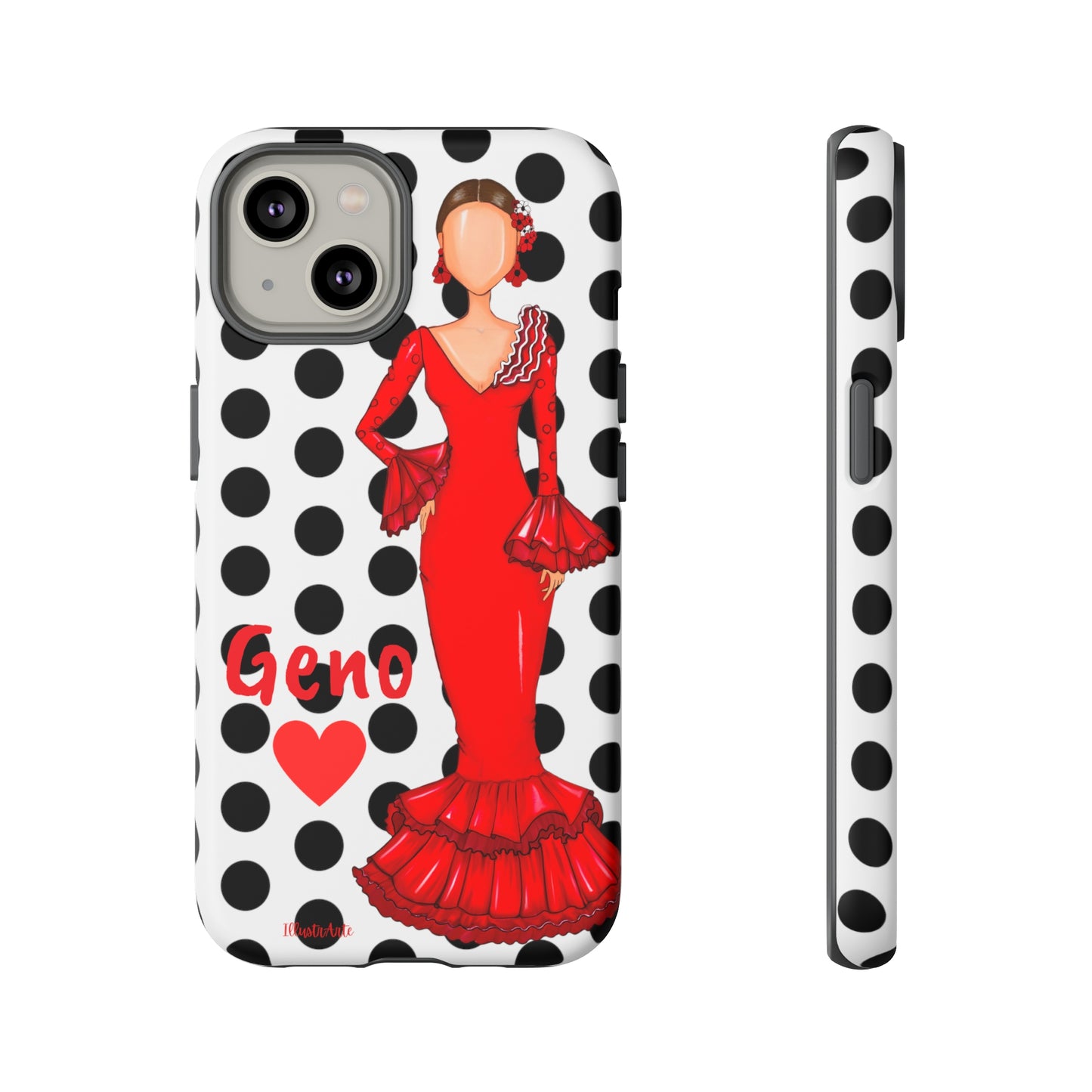 a polka dot phone case with a woman in a red dress