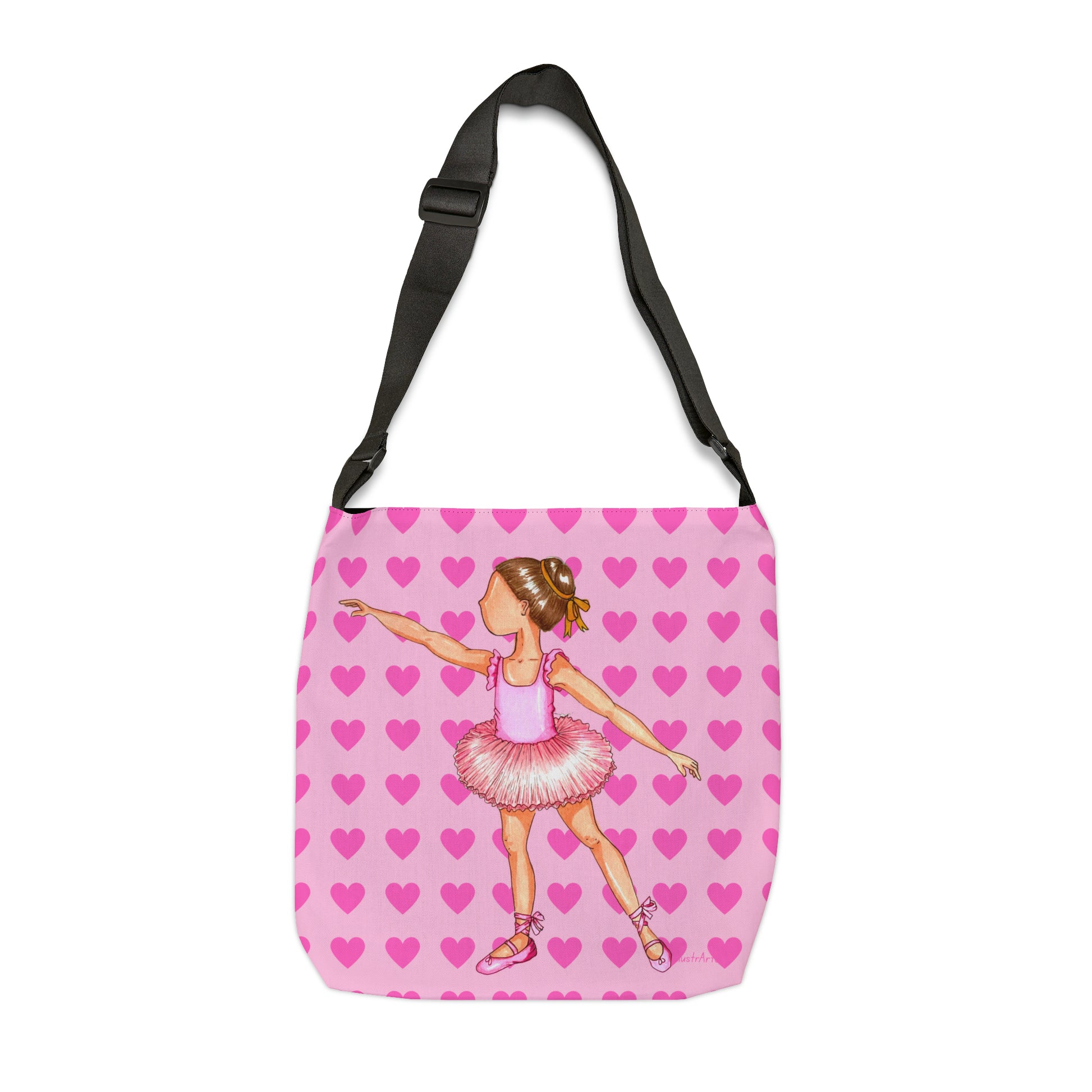Ballerina Girl Tote Bag with zip, pink dress and pink hearts - IllustrArte