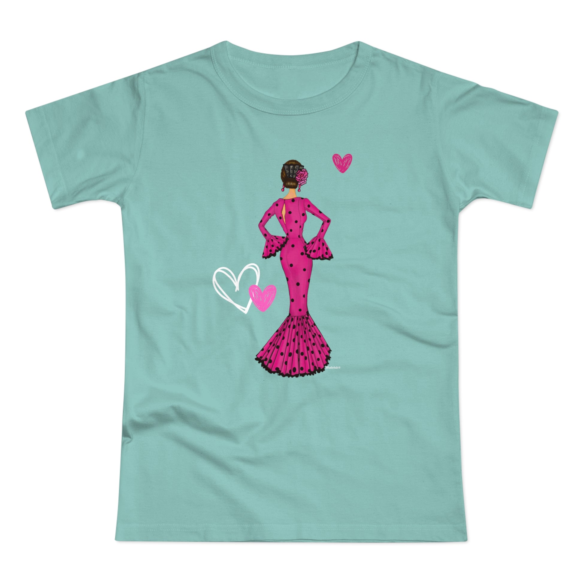 a t - shirt with a woman in a pink dress holding a heart