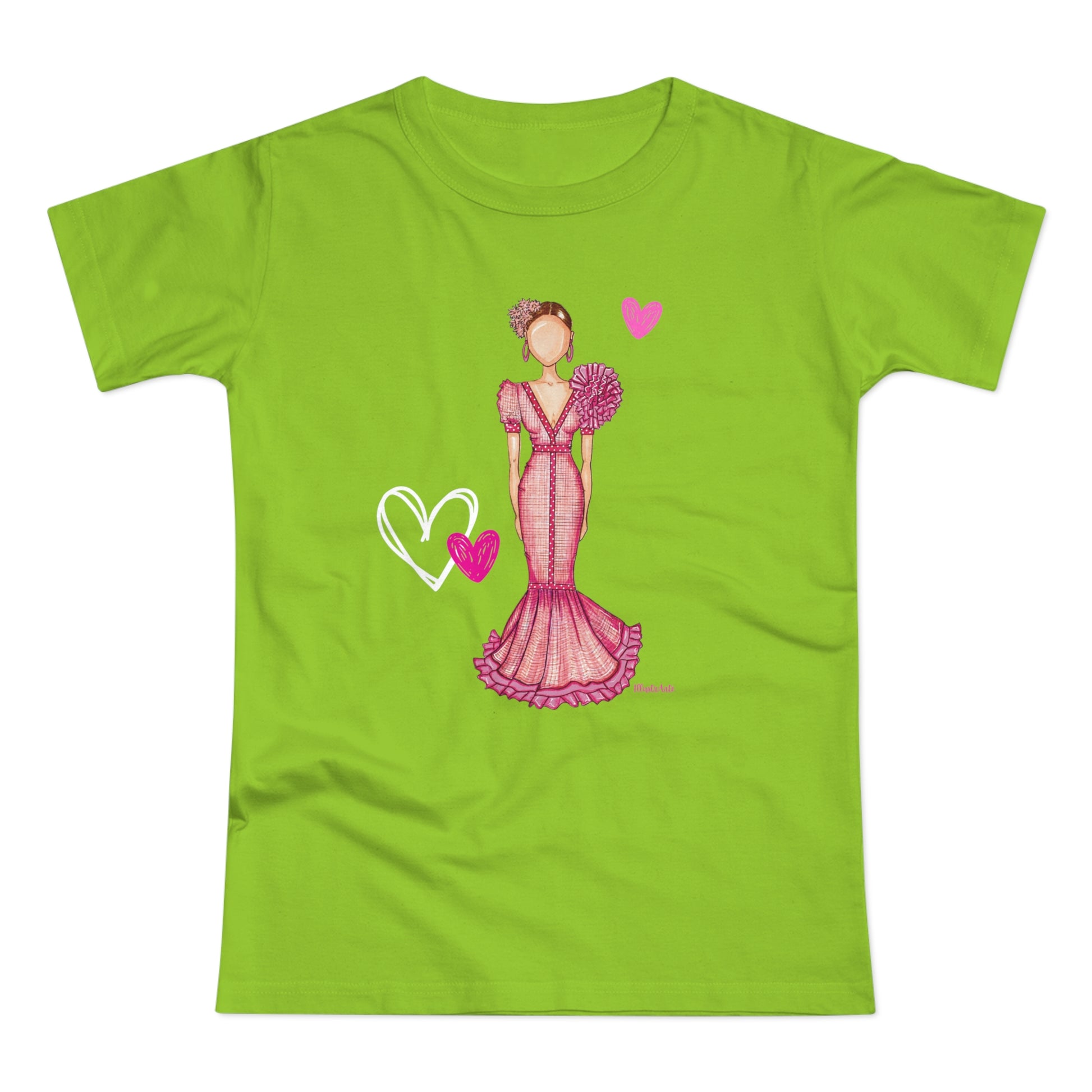 a green t - shirt with a picture of a woman in a pink dress