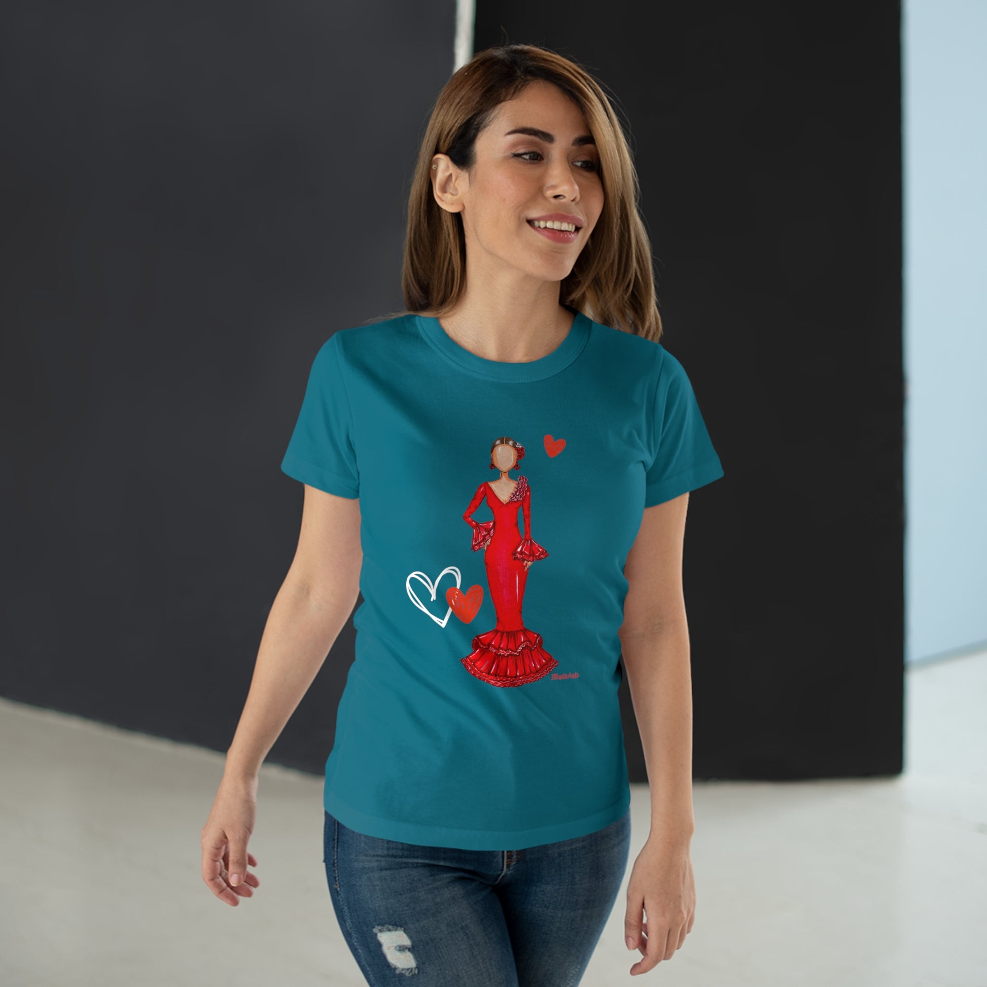 a woman wearing a blue t - shirt with a red dress on it