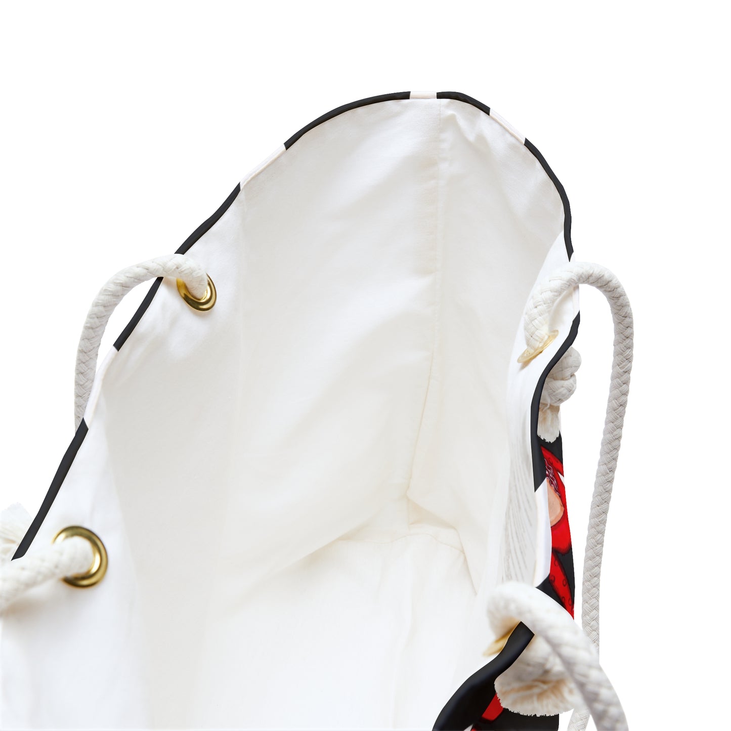a white bag with a black and red stripe