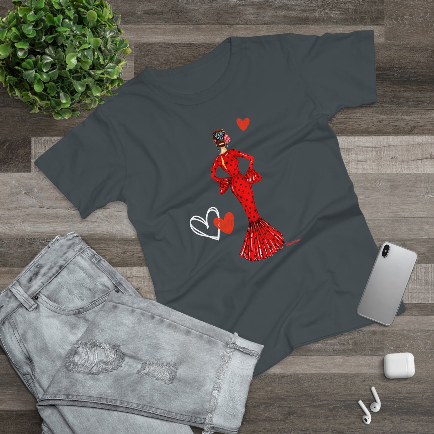 a t - shirt with a red dress and hearts on it