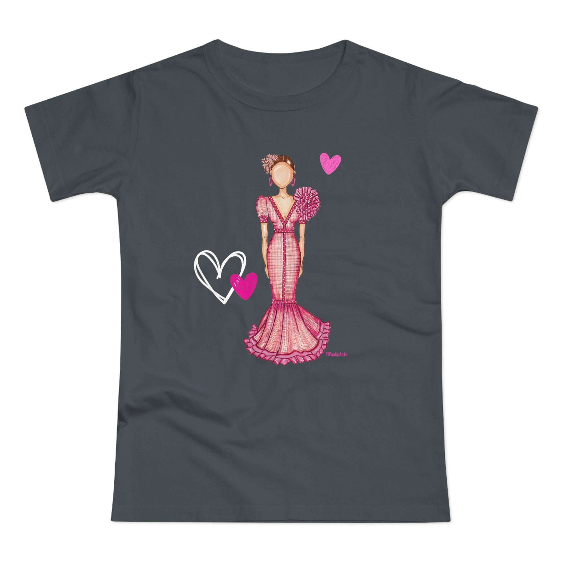 a women's t - shirt with a woman in a pink dress holding a