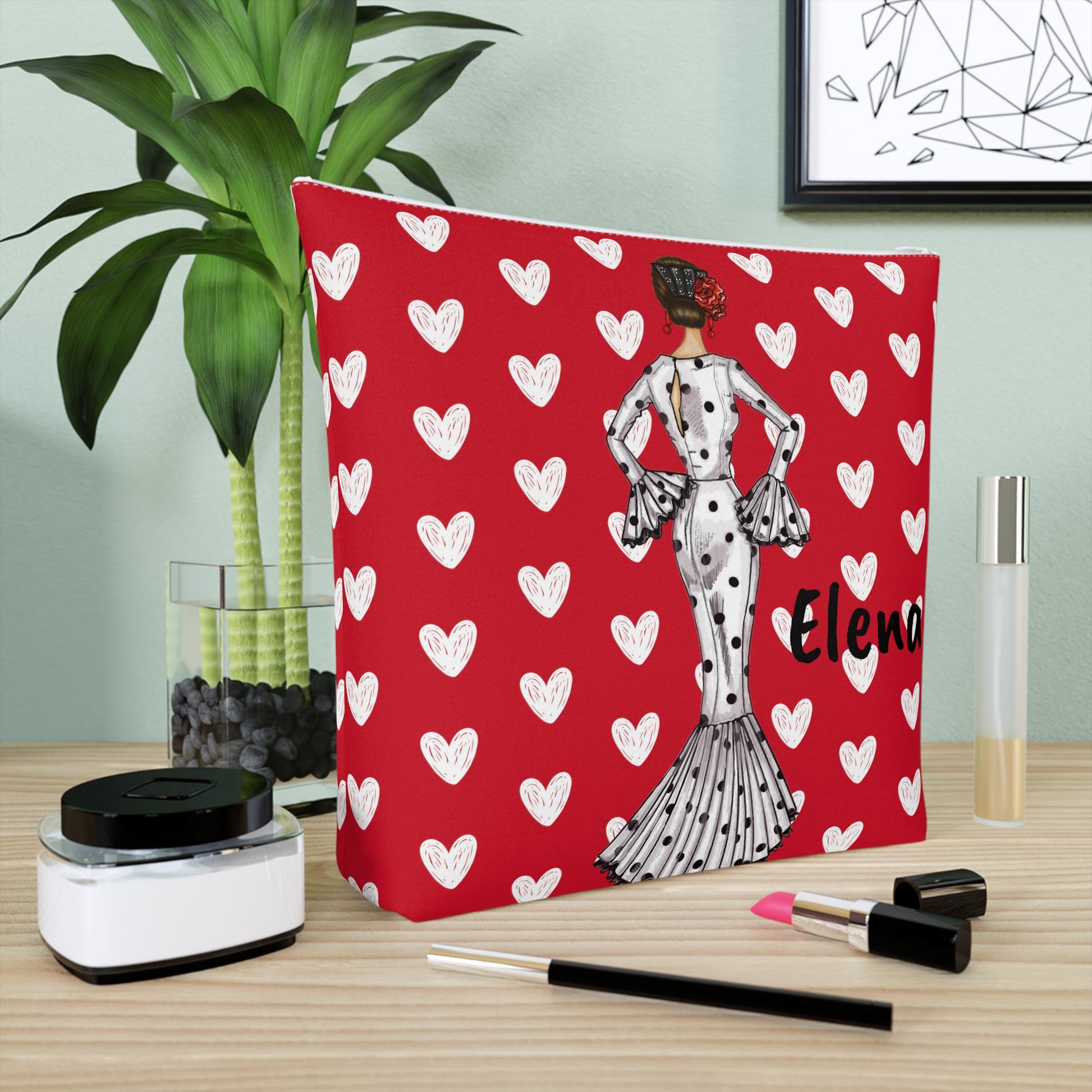 a picture of a dalmatian dog on a red background with hearts
