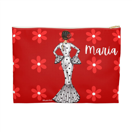 a red cosmetic bag with a picture of a woman in a polka dot dress