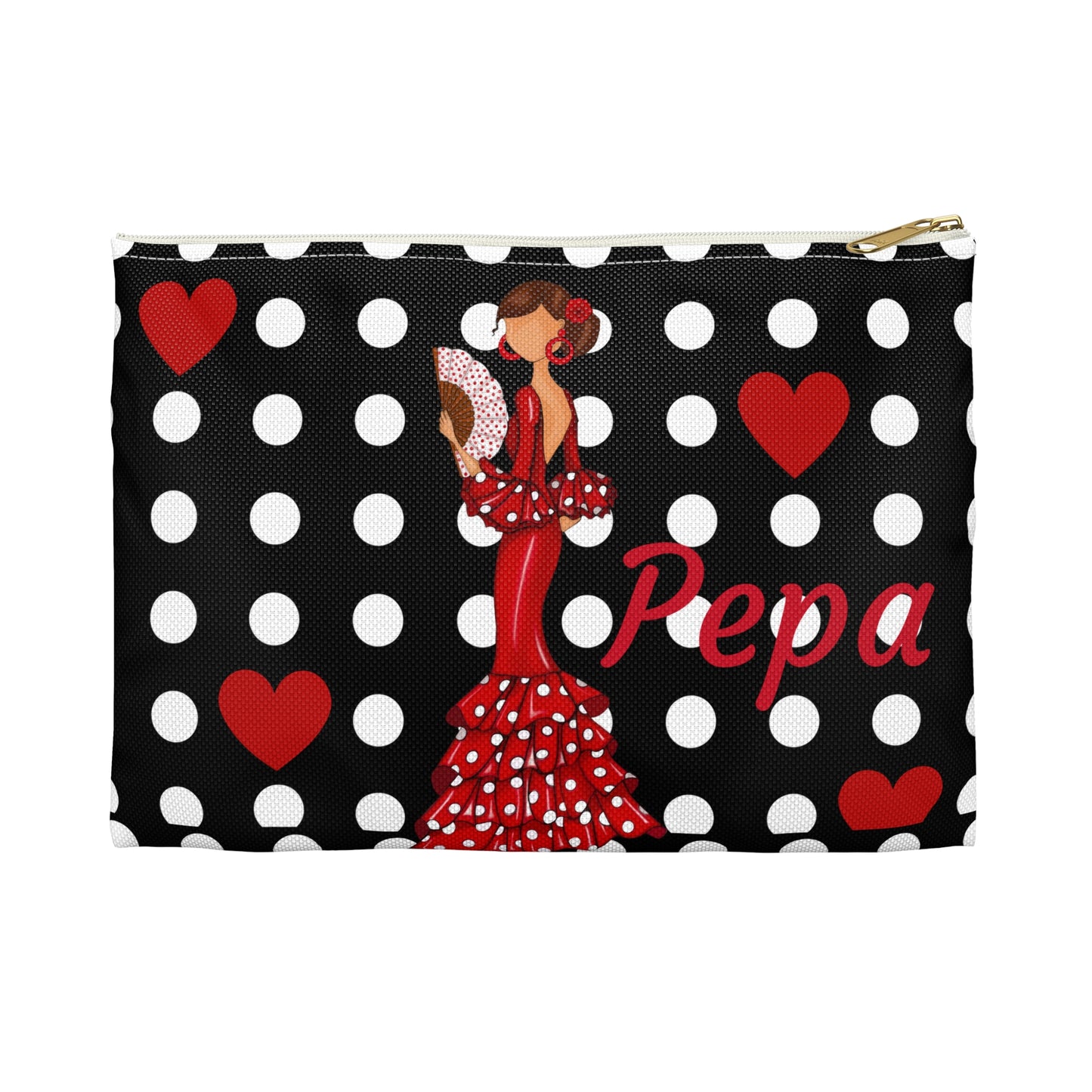 a black and white polka dot purse with a lady in a red dress