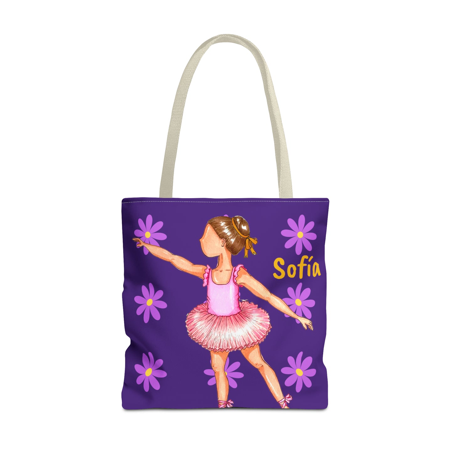 a purple tote bag with a picture of a girl in a tutu skirt