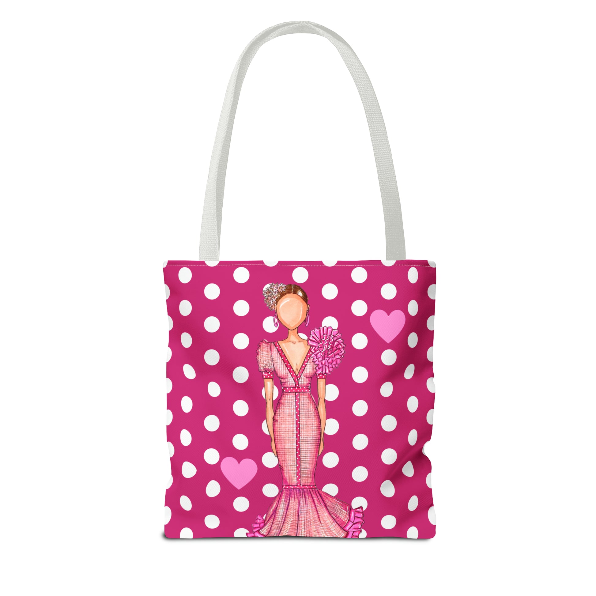 a pink and white polka dot bag with a woman in a pink dress