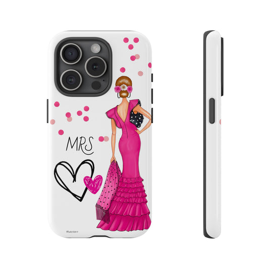 a phone case with a woman in a pink dress