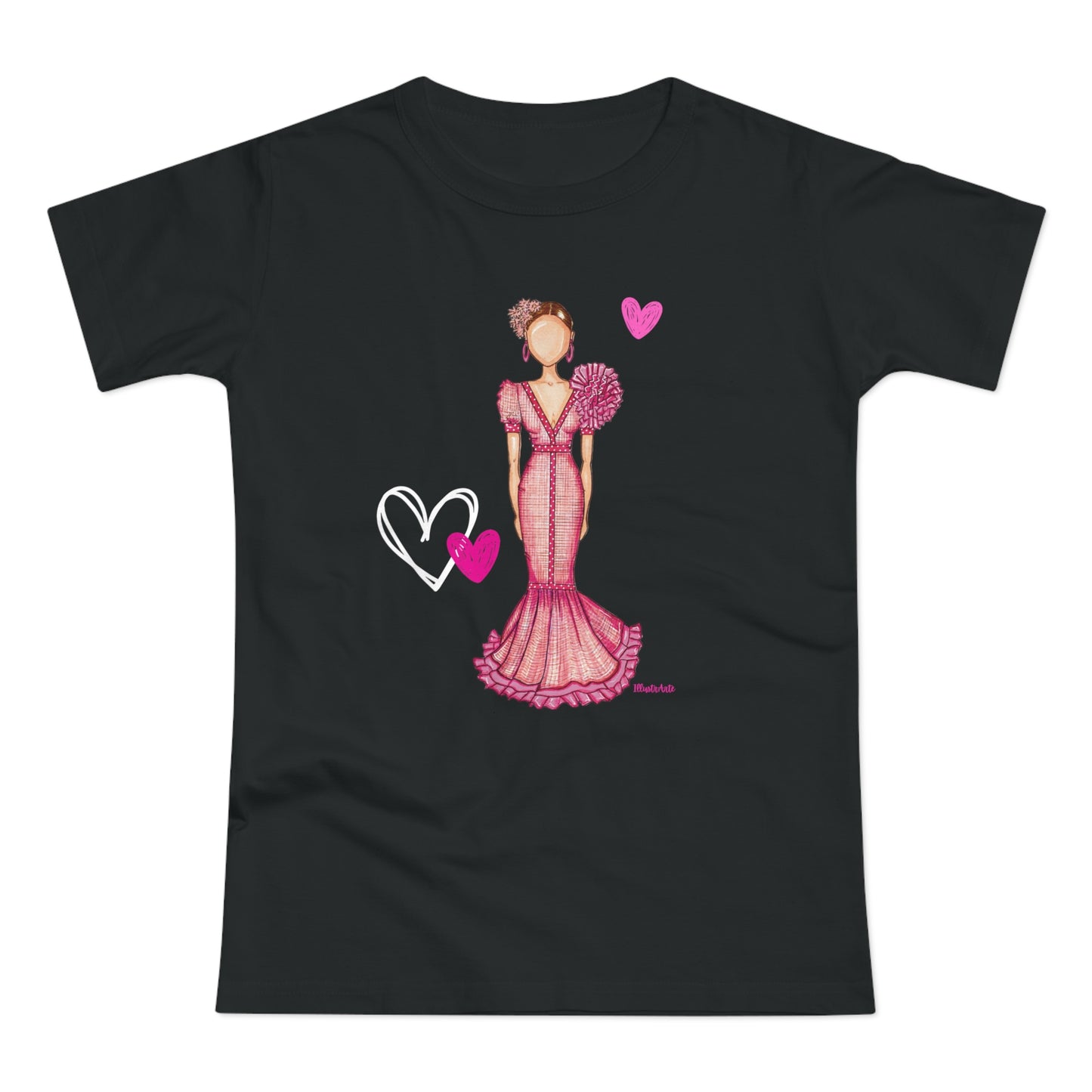 a black t - shirt with a woman in a pink dress