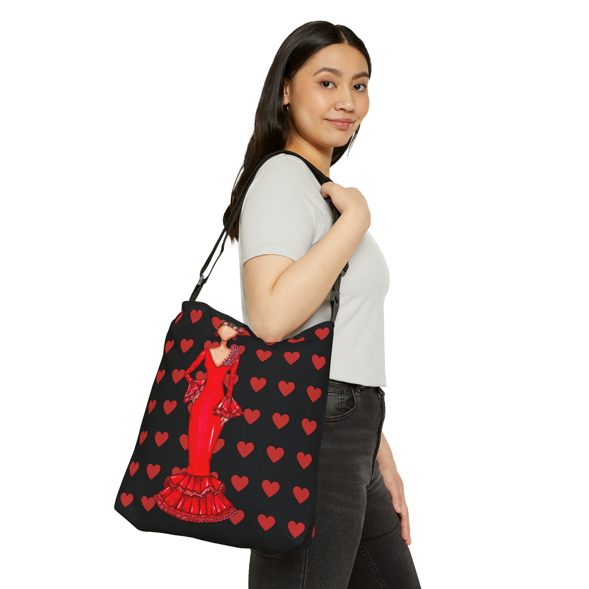 a woman carrying a black and red purse