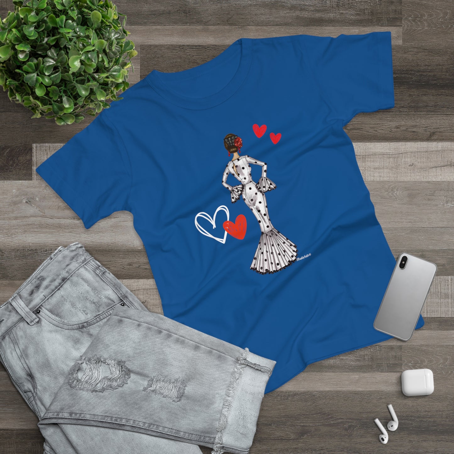 a blue t - shirt with a picture of a woman dancing