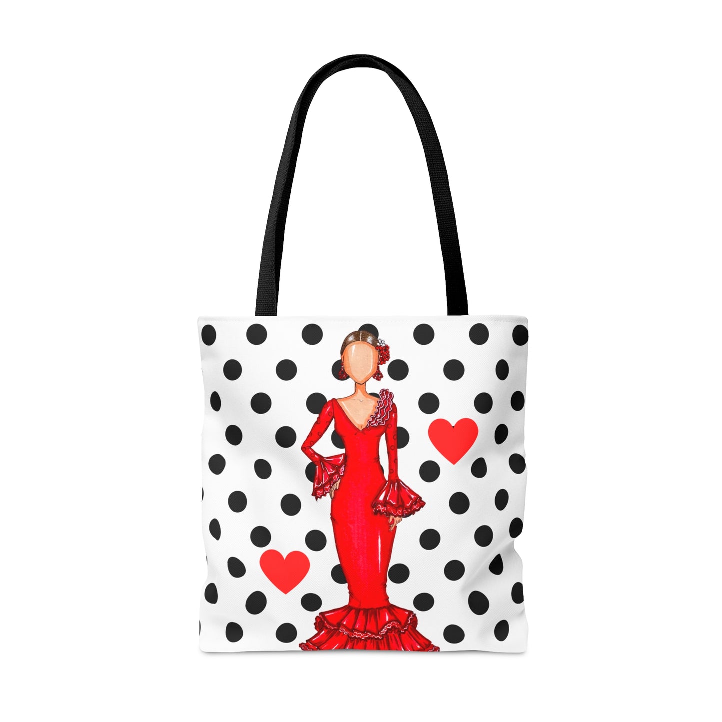 a tote bag with a picture of a woman in a red dress