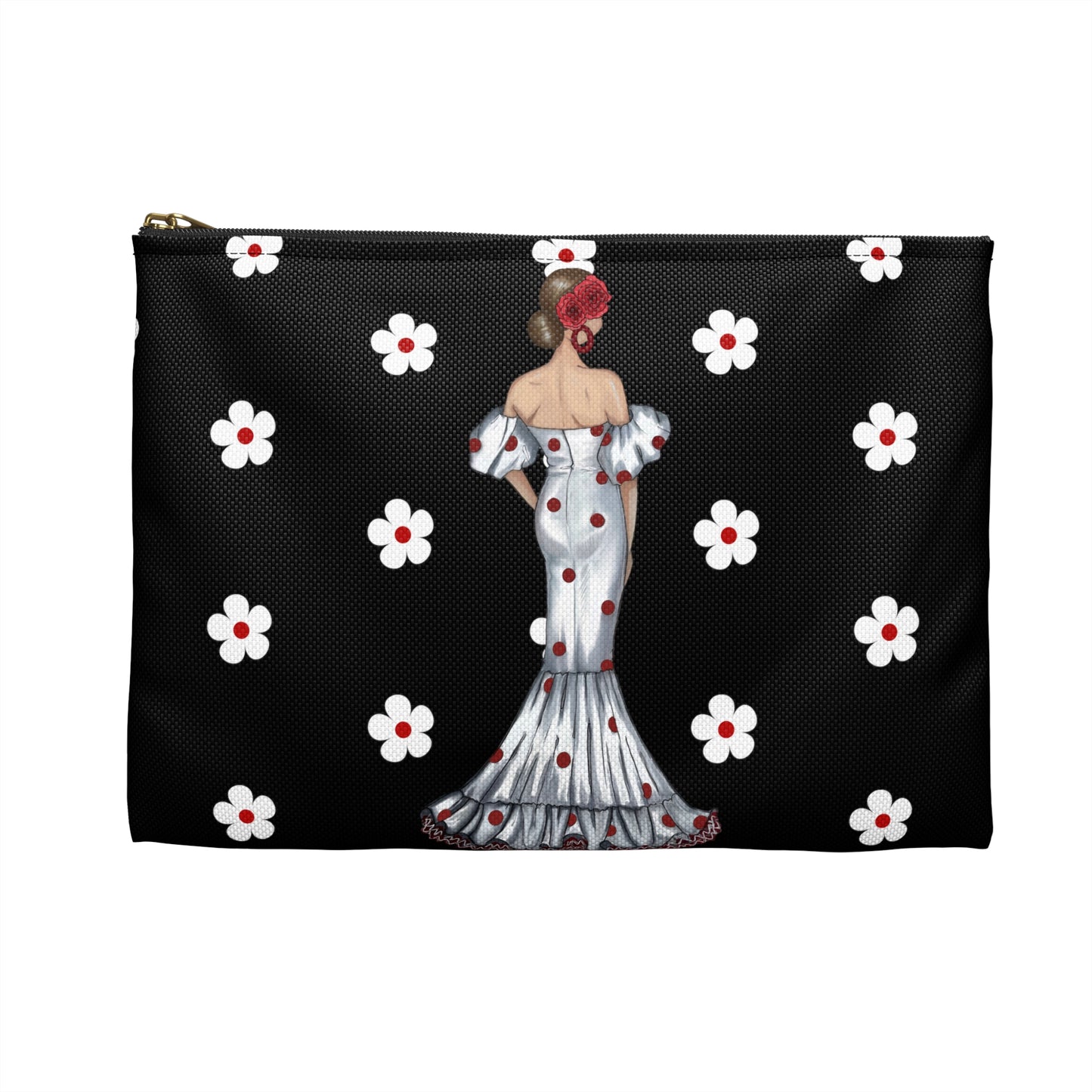 a black and white purse with a woman in a dress on it