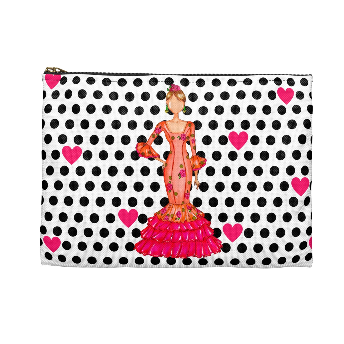 a black and white polka dot bag with a woman in a pink dress