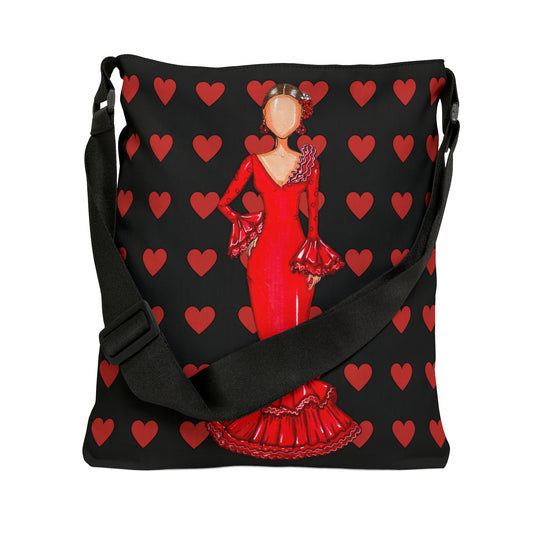 a black and red bag with a picture of a woman in a red dress