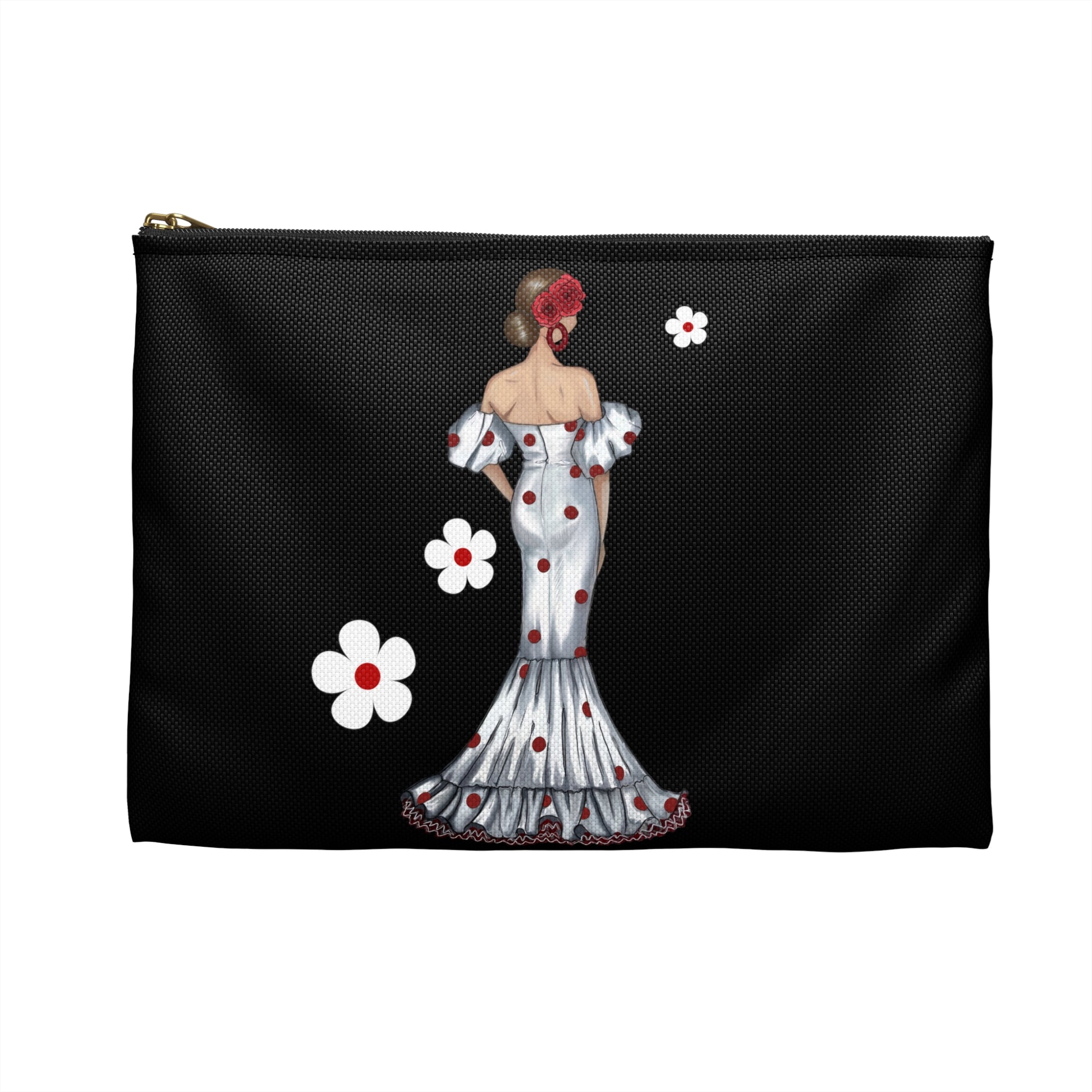 a black purse with a woman in a dress and flowers on it