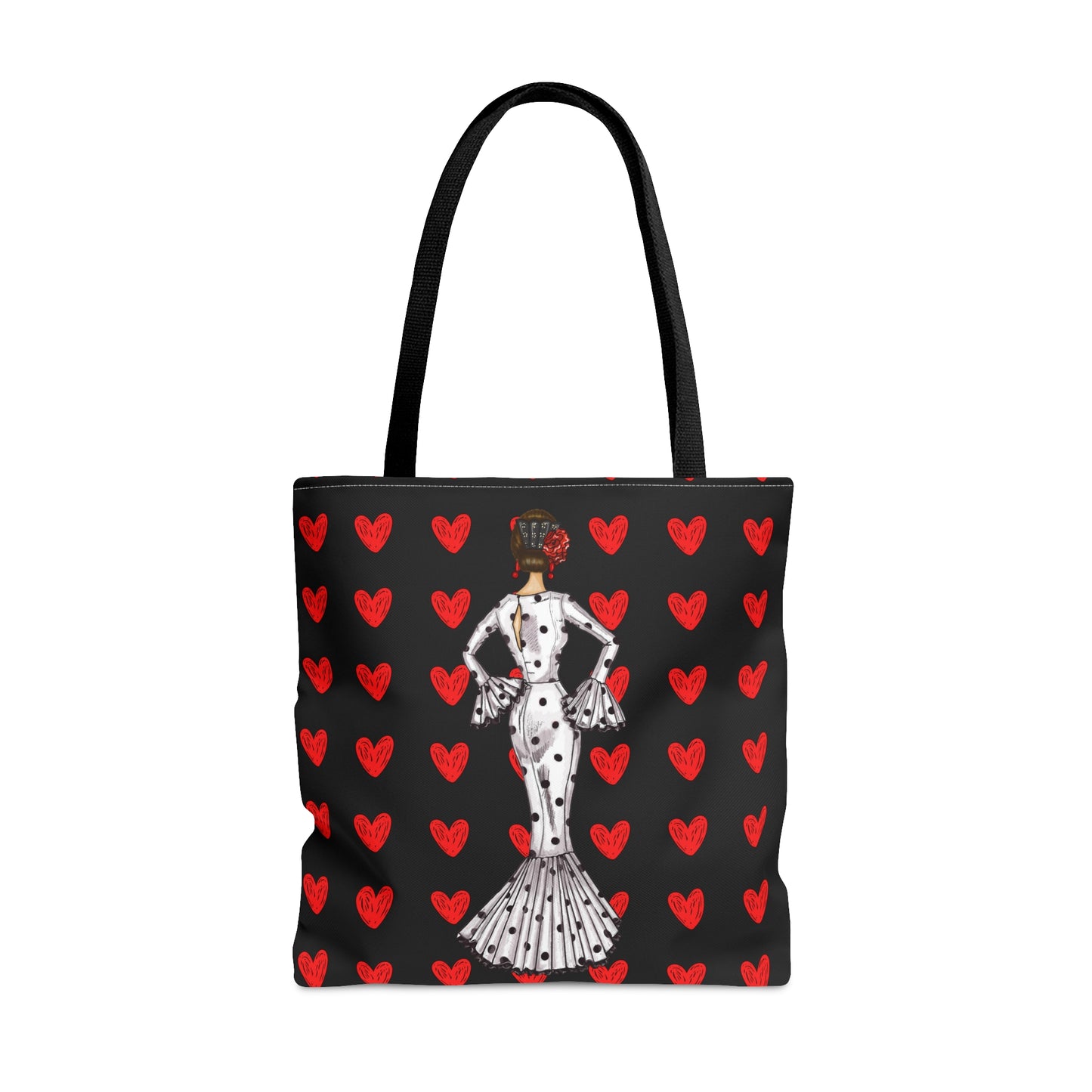 a black and red tote bag with a dalmatian dog on it