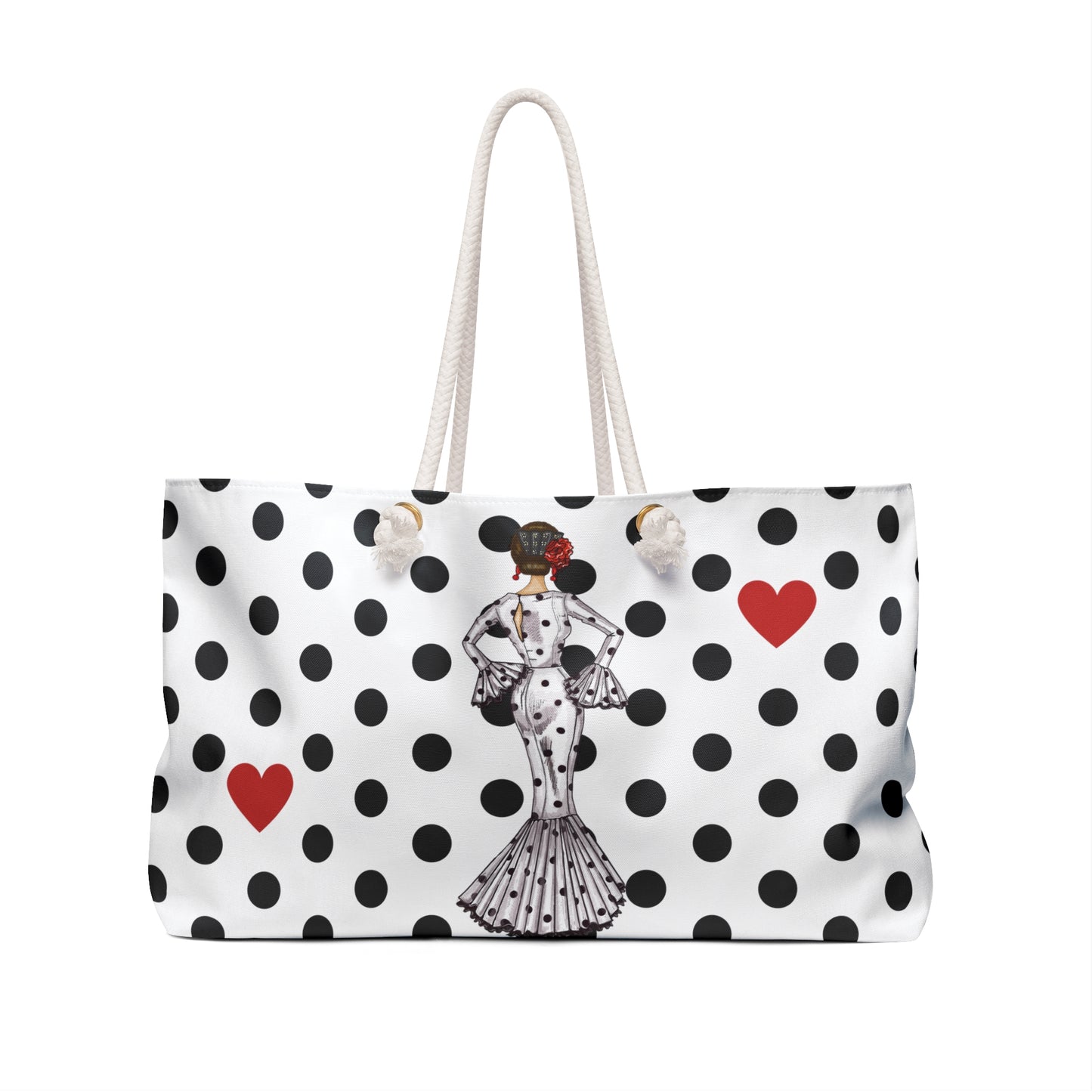 a polka dot bag with a woman's face on it