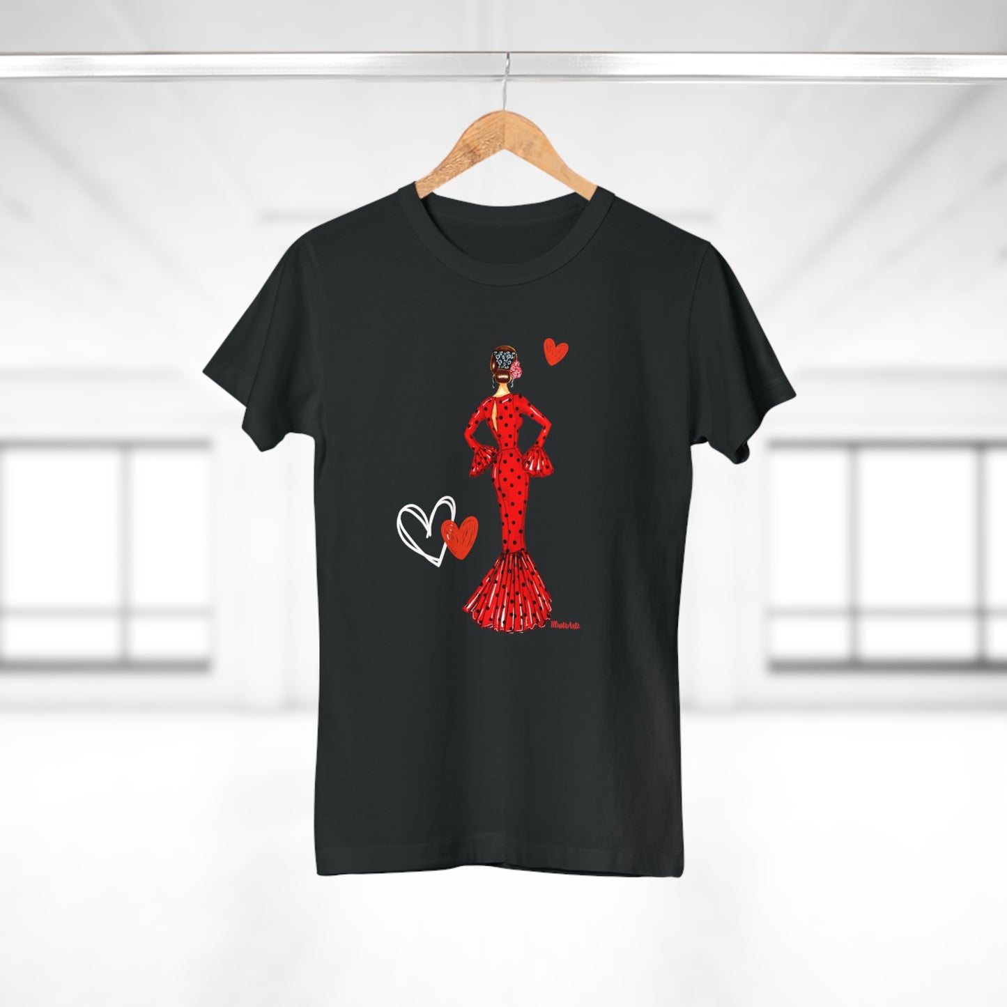 a t - shirt with a woman in a red dress holding a heart