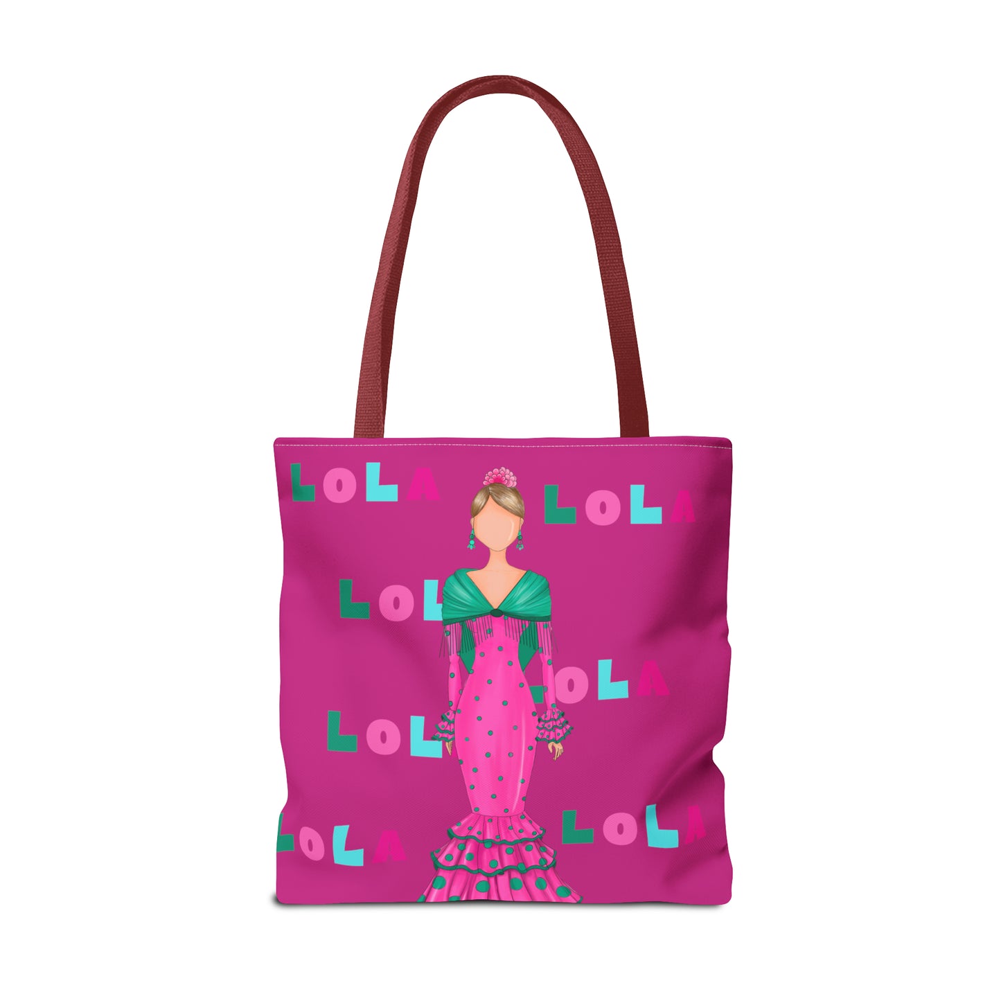 Bolso Tote personalizable, bolso tote de tela con fondo rosa tu nombre en colores y nuestra bailaora de flamenco Lola con un vestido rosa.