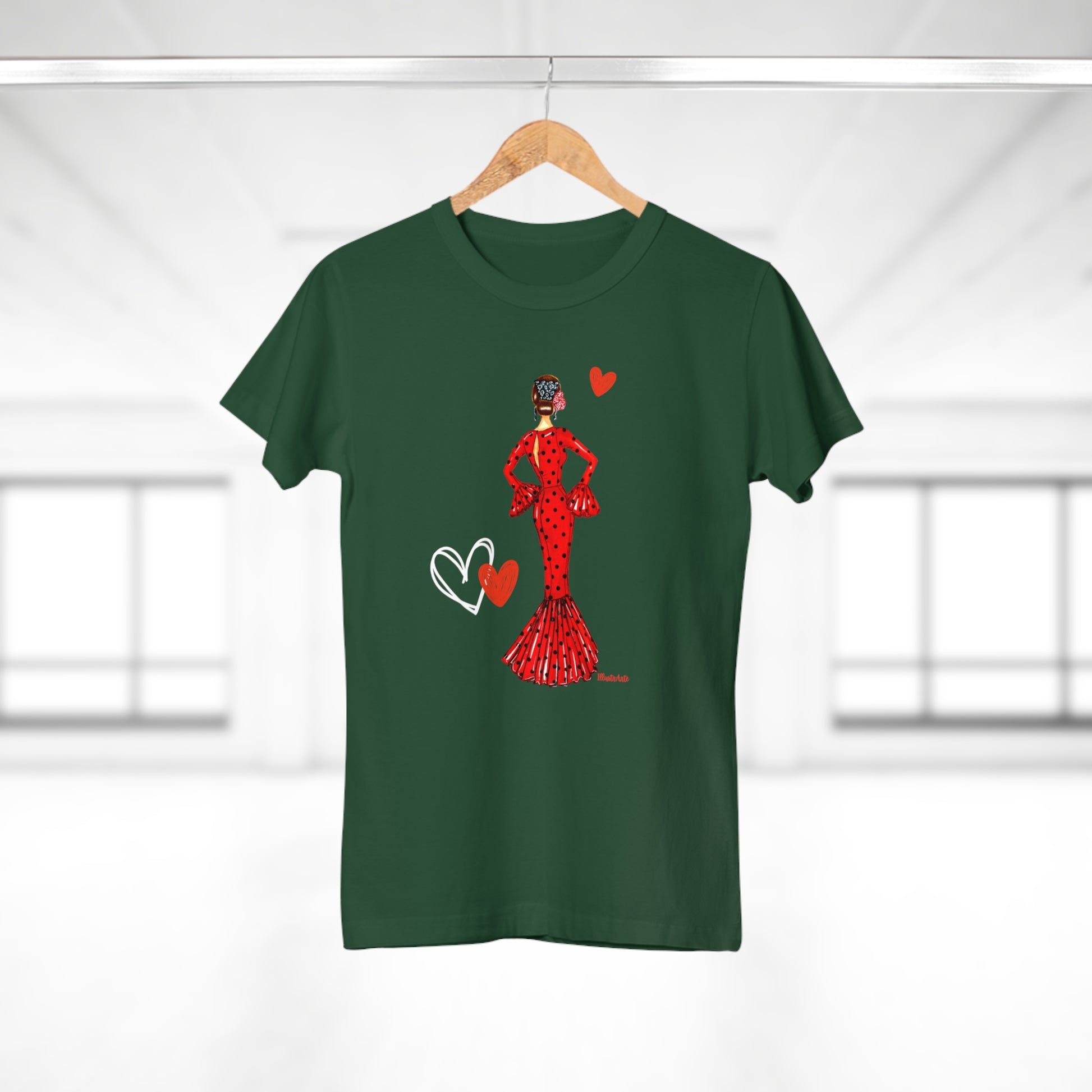 a green t - shirt with a woman in a red dress holding a heart