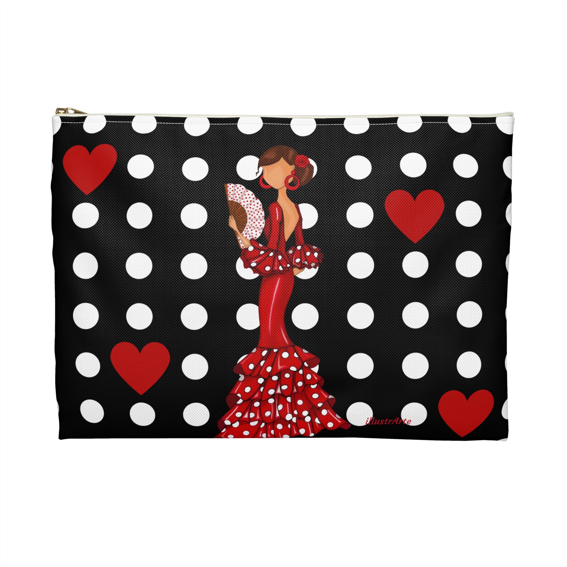 a black and white polka dot purse with a lady holding a fan