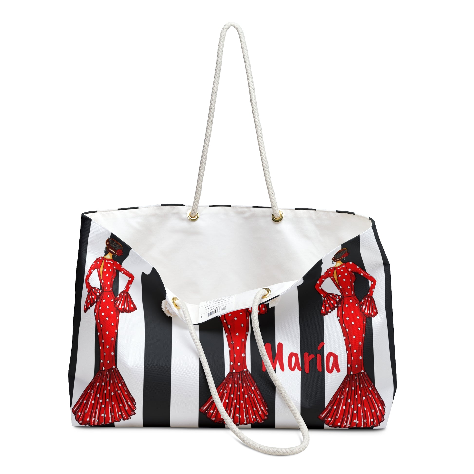 a black and white striped bag with a red and white dress on it