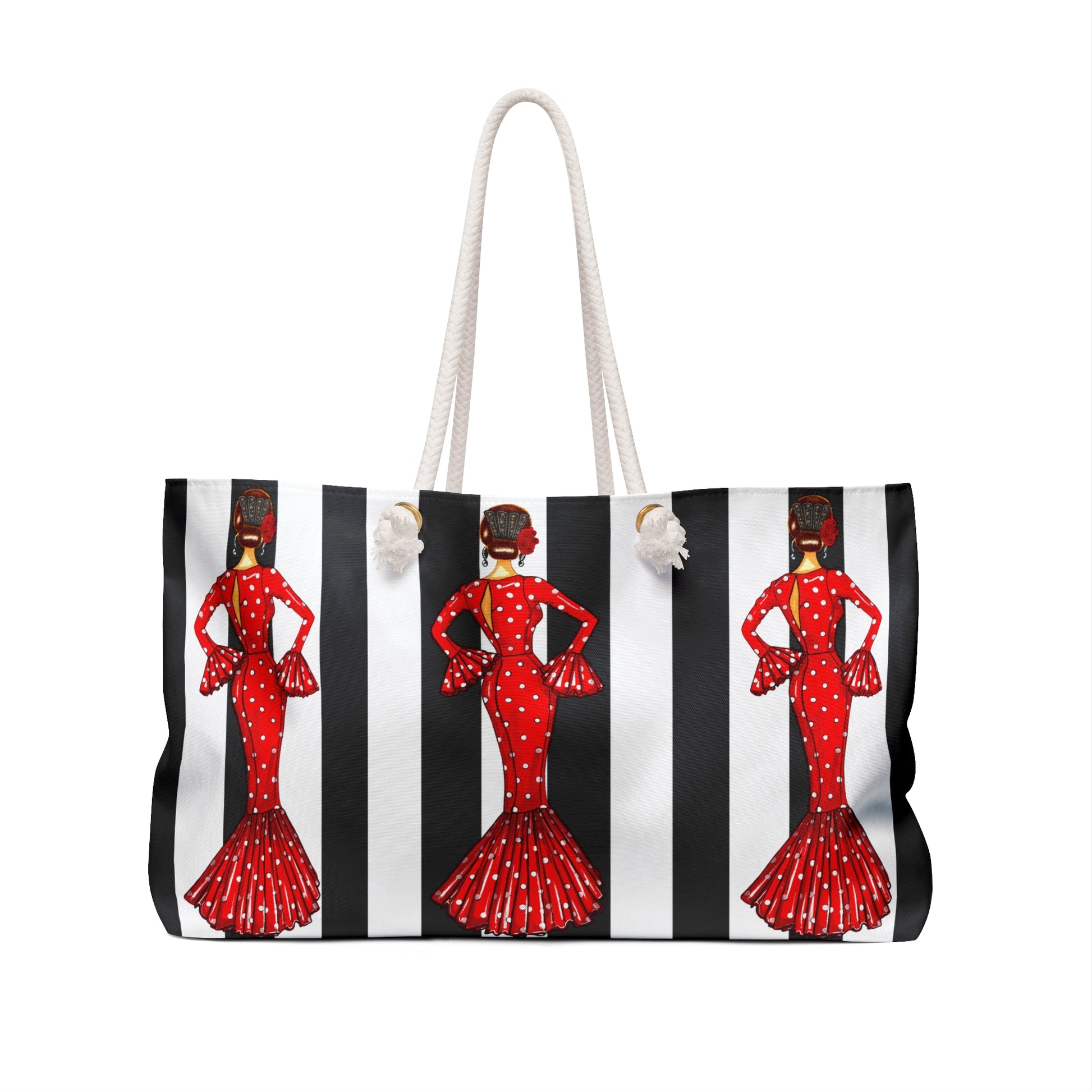 a handbag with a picture of a woman in a red dress