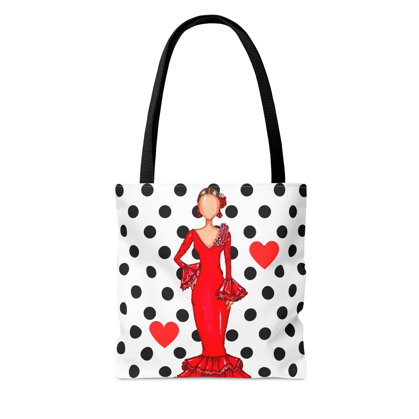 a tote bag with a lady in a red dress