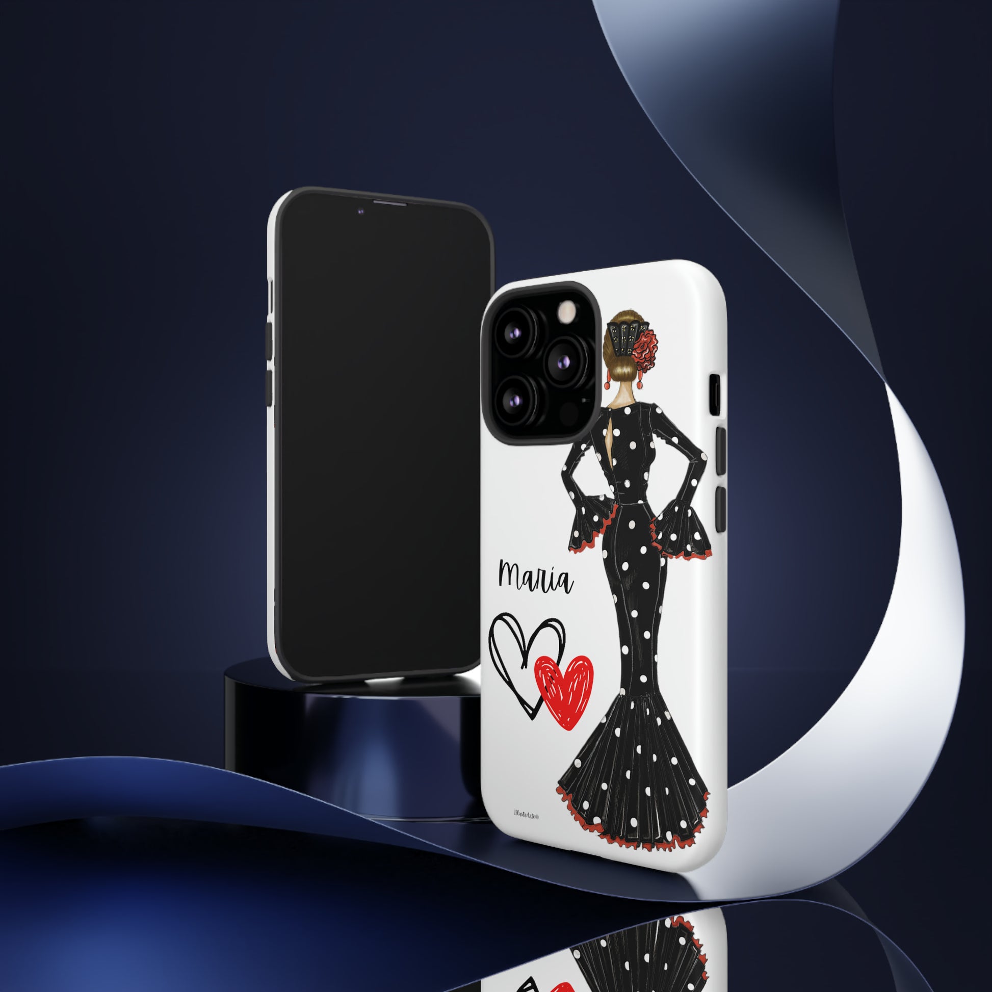 a phone case with a woman in a polka dot dress
