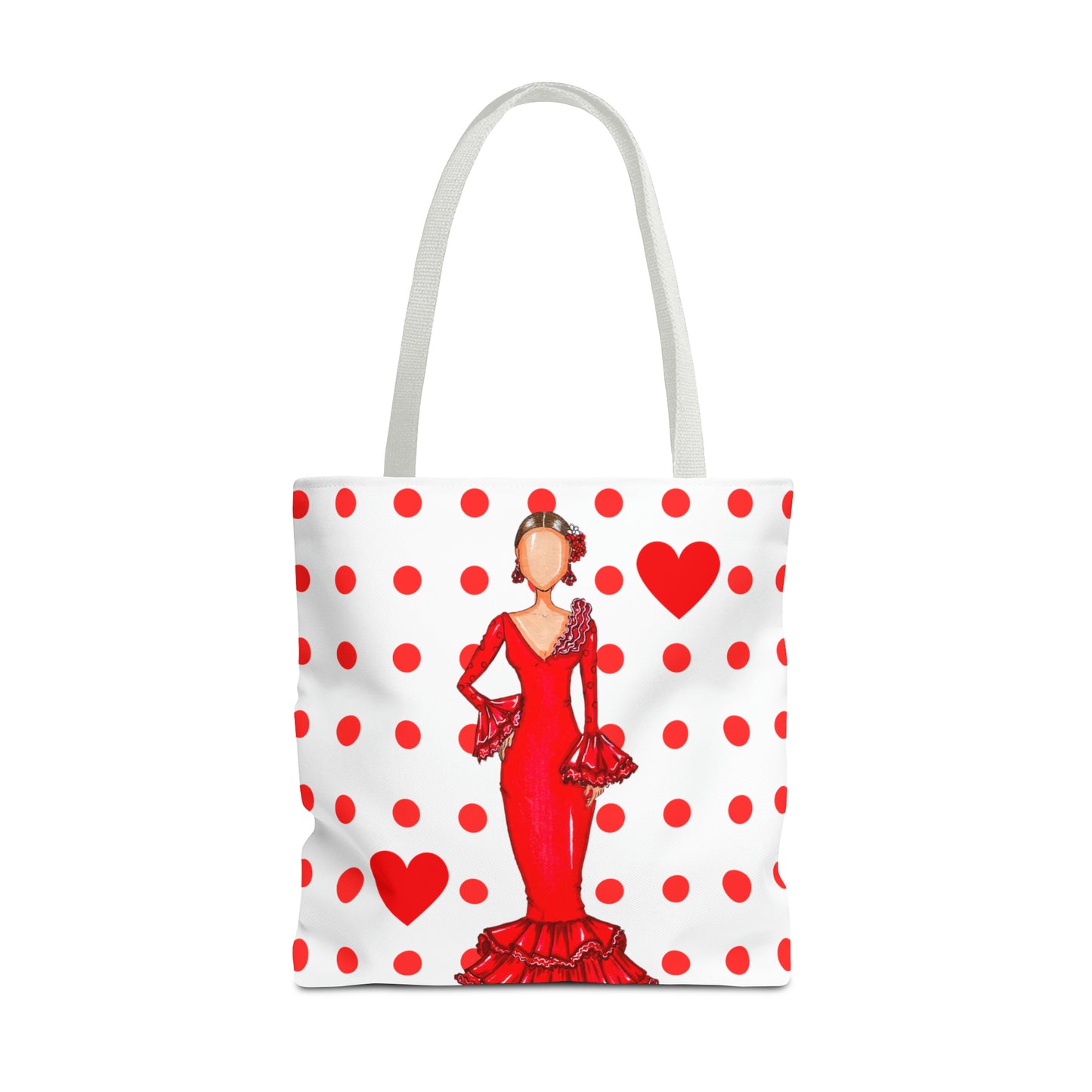 a red and white polka dot bag with a woman in a red dress