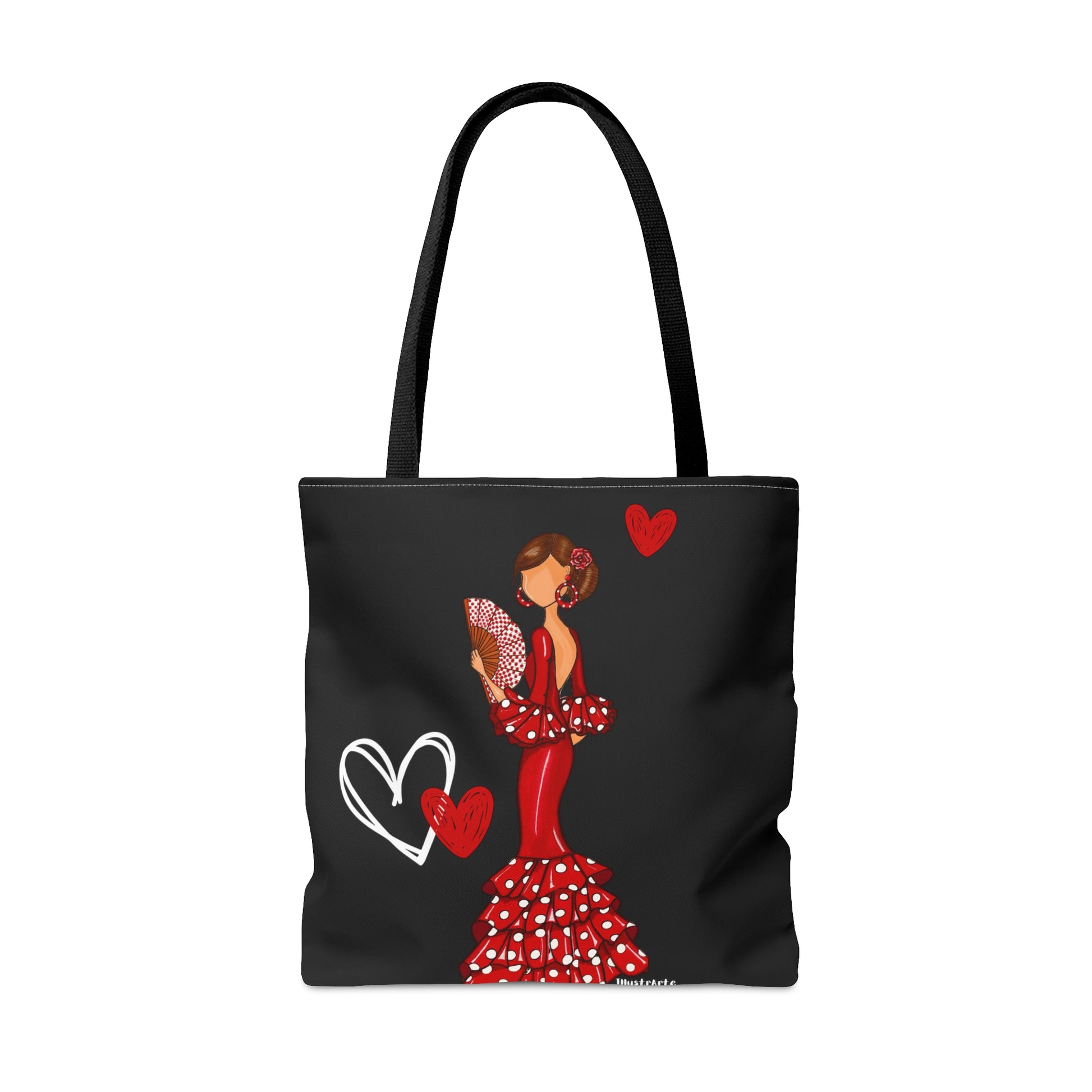 a tote bag with a woman in a red dress holding a fan