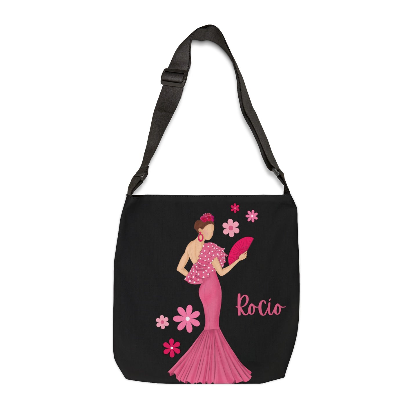 a black bag with a woman in a pink dress