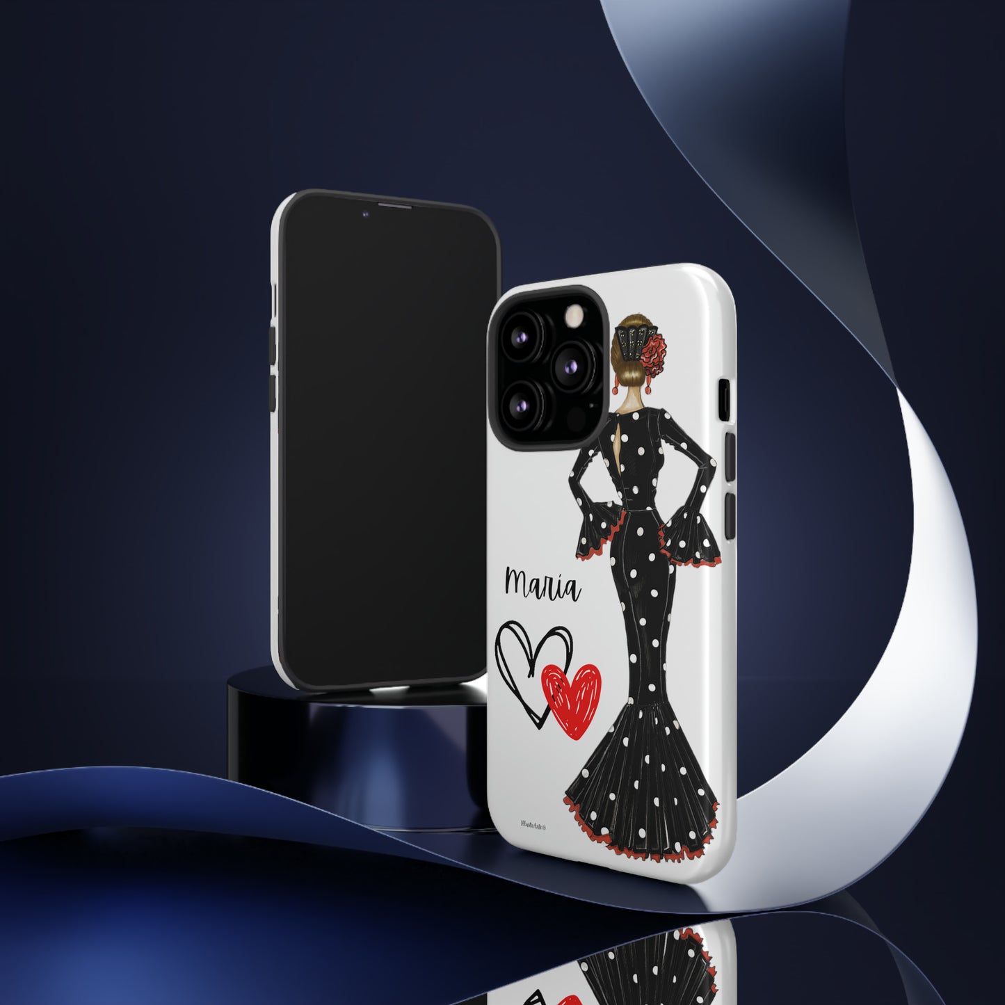 a phone case with a woman in a polka dot dress