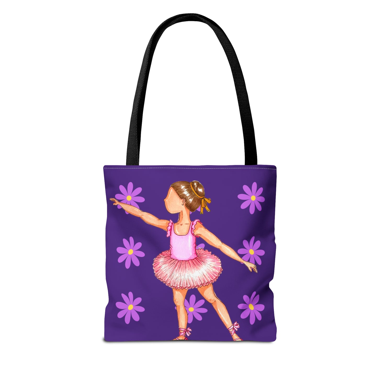 a purple tote bag with a little girl in a pink dress