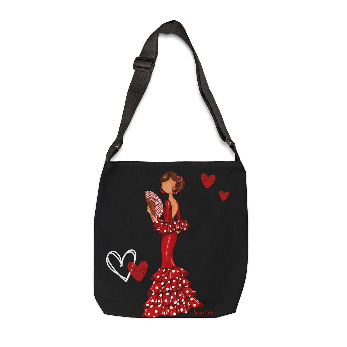 a black bag with a picture of a woman in a red dress