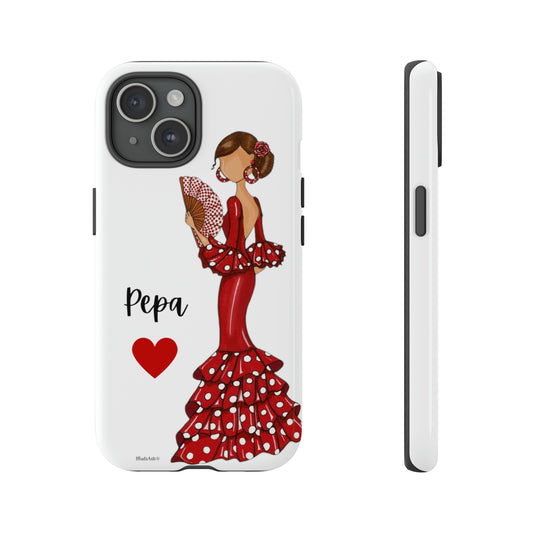 a phone case with a woman in a red dress holding a fan