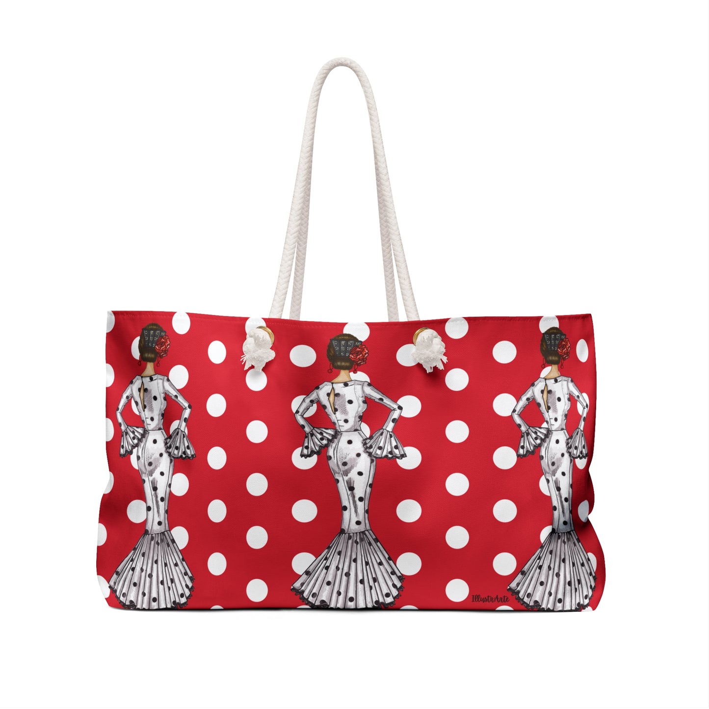 a red and white polka dot bag with a dalmatian pattern
