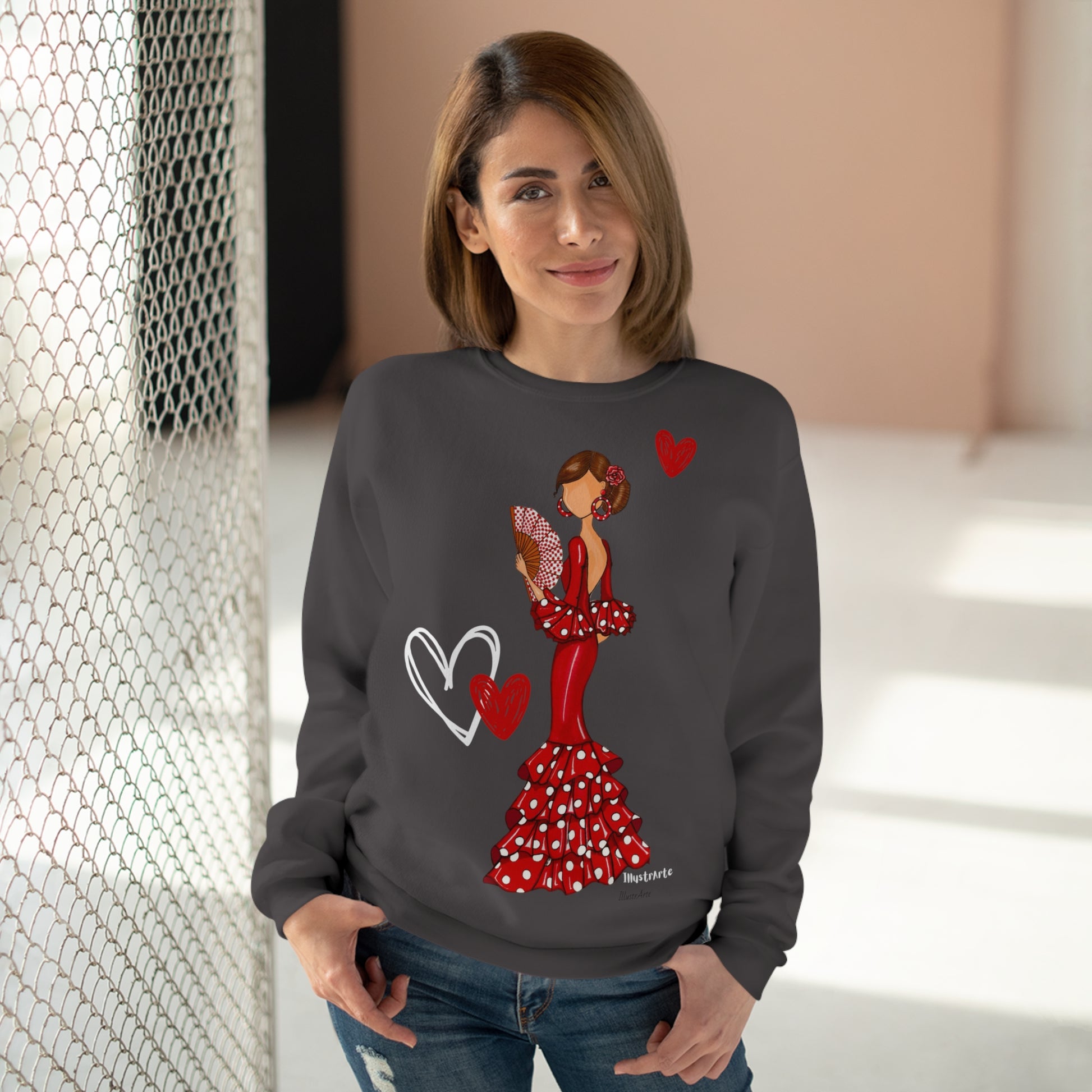 a woman wearing a sweatshirt with a heart on it