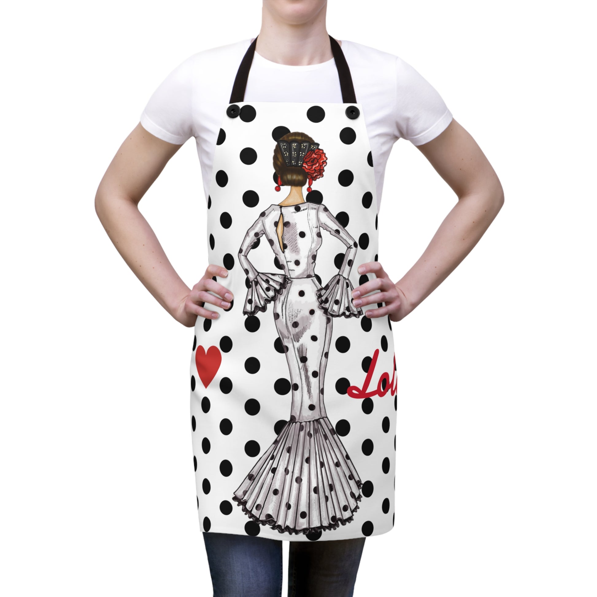 a woman wearing an apron with a picture of a woman on it