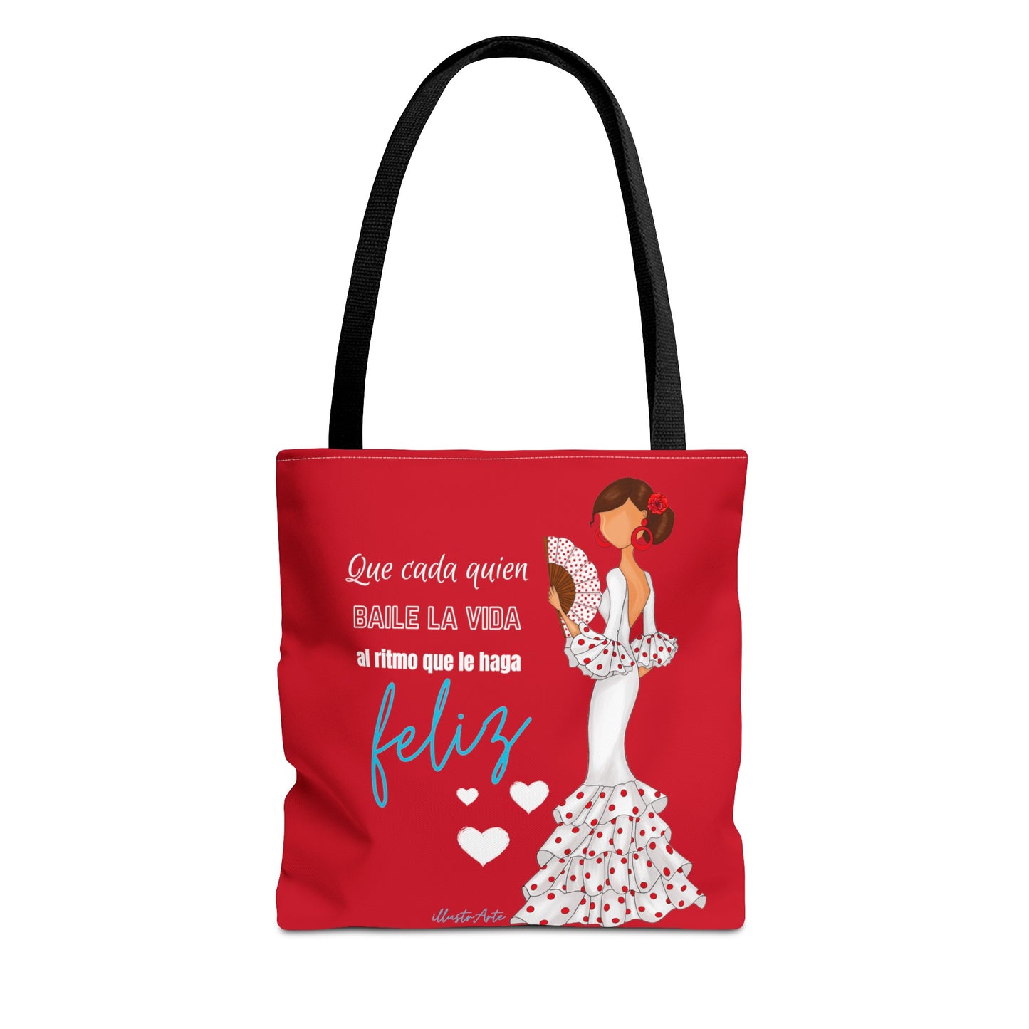 Flamenco Lovers Customizable red Tote Bag, flamenco dancer Pepa in a white dress and a positive quote